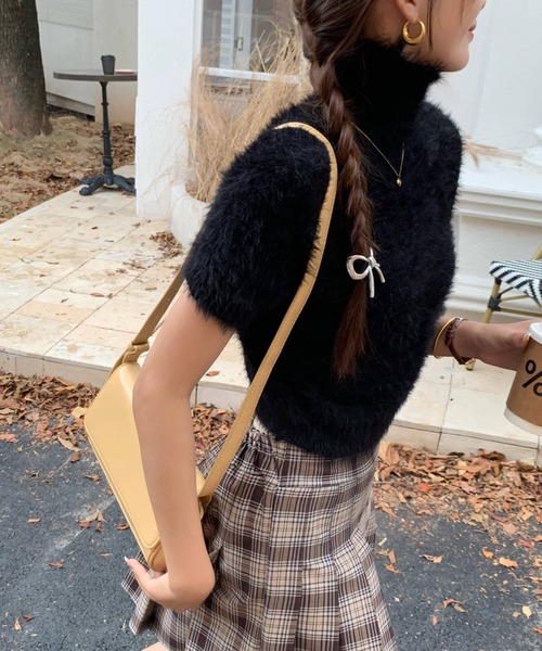 セール】ハイネック半袖シャギーニットトップス（ニット/セーター