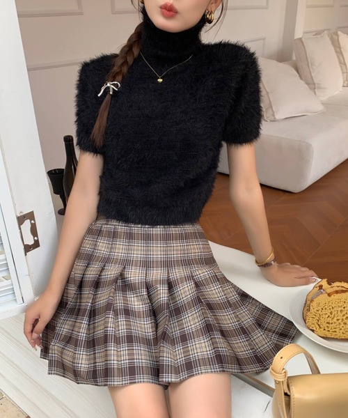 セール】ハイネック半袖シャギーニットトップス（ニット/セーター