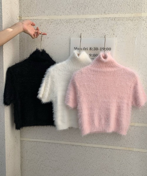 セール】ハイネック半袖シャギーニットトップス（ニット