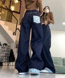 Y2K ハイウエスト ワイドデニムパンツ レディース バックポケット切替 インディゴブルー ルーズシルエット 韓国ファッション