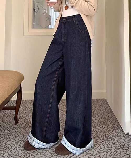 gossip!ロサンゼルス(ゴシップロサンゼルス)の「Y2K ハイウエスト ワイドデニムパンツ レディース バックポケット切替 インディゴブルー ルーズシルエット 韓国ファッション(デニムパンツ・レディース・インディゴブルー・M/S)」の18枚目の写真