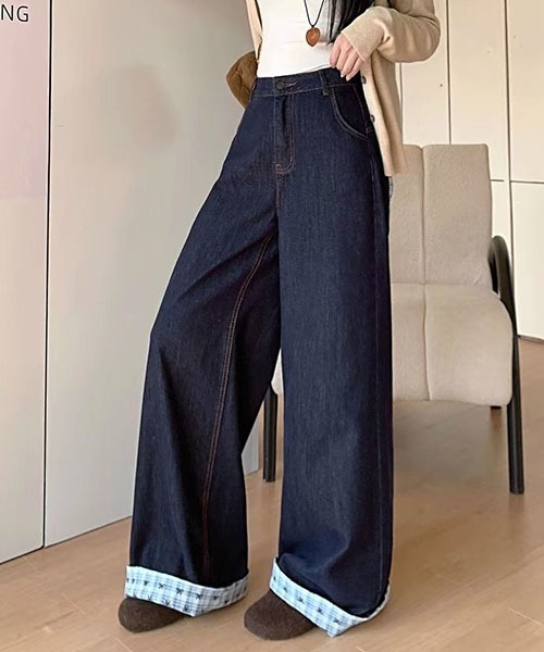 gossip!ロサンゼルス(ゴシップロサンゼルス)の「Y2K ハイウエスト ワイドデニムパンツ レディース バックポケット切替 インディゴブルー ルーズシルエット 韓国ファッション(デニムパンツ・レディース・インディゴブルー・M/S)」の3枚目の写真