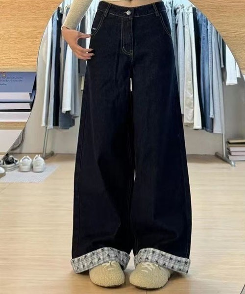 gossip!ロサンゼルス(ゴシップロサンゼルス)の「Y2K ハイウエスト ワイドデニムパンツ レディース バックポケット切替 インディゴブルー ルーズシルエット 韓国ファッション(デニムパンツ・レディース・インディゴブルー・M/S)」の2枚目の写真