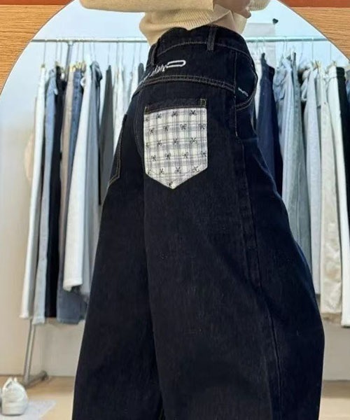 gossip!ロサンゼルス(ゴシップロサンゼルス)の「Y2K ハイウエスト ワイドデニムパンツ レディース バックポケット切替 インディゴブルー ルーズシルエット 韓国ファッション(デニムパンツ・レディース・インディゴブルー・M/S)」の6枚目の写真