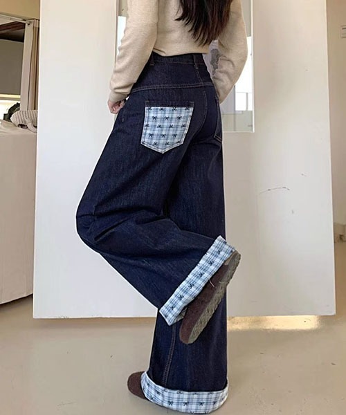 gossip!ロサンゼルス(ゴシップロサンゼルス)の「Y2K ハイウエスト ワイドデニムパンツ レディース バックポケット切替 インディゴブルー ルーズシルエット 韓国ファッション(デニムパンツ・レディース・インディゴブルー・M/S)」の16枚目の写真