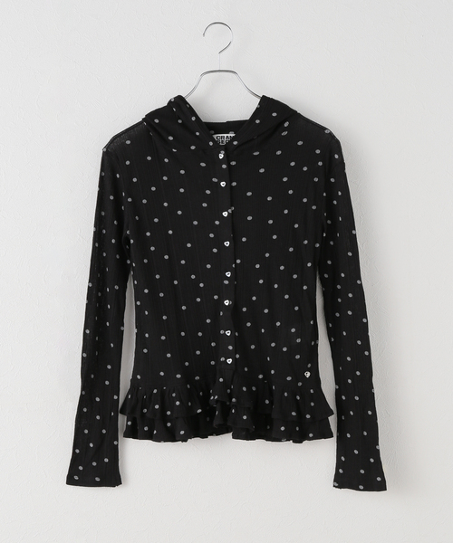 U by SPICK&SPAN(ユーバイスピックアンドスパン)の「CRANK/クランク DOT FRILL SHEER HOOD CARDIGAN(カーディガン/ボレロ・レディース・ライトグレー/ブラック・FREE)」の1枚目の写真