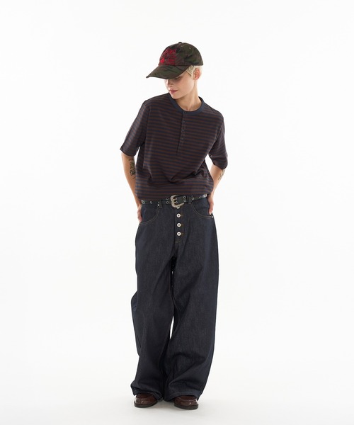 WISH FOR EVER（ウィッシュフォーエバー）の「DRAW CODE BORDER HENRY NECK T-SHIRT / ドローコードボーダーヘンリーネックTシャツ（Tシャツ/カットソー・メンズ・ブラウン/グレー/チャコールグレー・SMALL/MEDIUM/LARGE）」の9枚目の写真