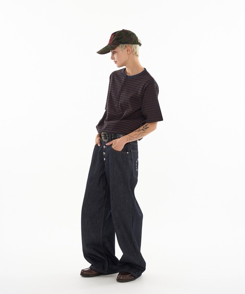 WISH FOR EVER（ウィッシュフォーエバー）の「DRAW CODE BORDER HENRY NECK T-SHIRT / ドローコードボーダーヘンリーネックTシャツ（Tシャツ/カットソー・メンズ・ブラウン/グレー/チャコールグレー・SMALL/MEDIUM/LARGE）」の11枚目の写真