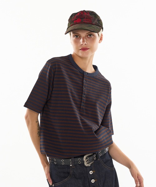 WISH FOR EVER（ウィッシュフォーエバー）の「DRAW CODE BORDER HENRY NECK T-SHIRT / ドローコードボーダーヘンリーネックTシャツ（Tシャツ/カットソー・メンズ・ブラウン/グレー/チャコールグレー・SMALL/MEDIUM/LARGE）」の19枚目の写真