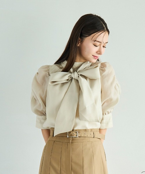 31 Sons de mode（トランテアン　ソン　ドゥ　モード）の「2025秋冬新作 シャーリングシアーボウタイブラウス（シャツ/ブラウス・レディース・ラベンダー/グリーン/オフホワイト・ﾌﾘ-）」の16枚目の写真