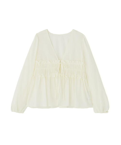 NATURAL BEAUTY BASIC（ナチュラルビューティーベーシック）の「◇Ｖネックシャーリングペプラムブラウス（シャツ/ブラウス・レディース・ダークブラウン/オフホワイト・SMALL/MEDIUM）」の18枚目の写真