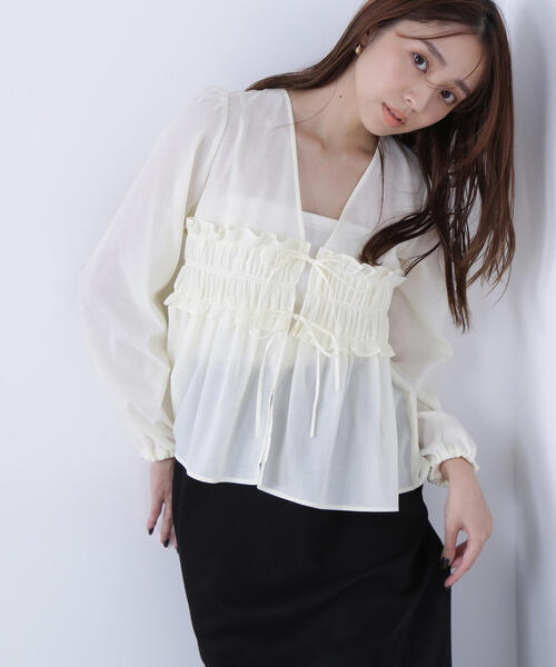 NATURAL BEAUTY BASIC（ナチュラルビューティーベーシック）の「◇Ｖネックシャーリングペプラムブラウス（シャツ/ブラウス・レディース・ダークブラウン/オフホワイト・SMALL/MEDIUM）」の13枚目の写真