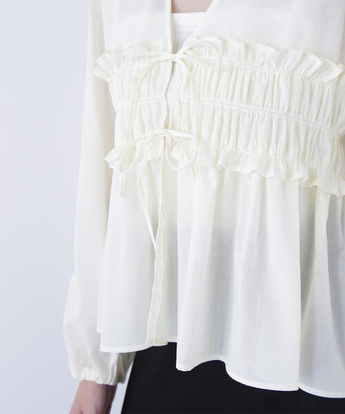 NATURAL BEAUTY BASIC（ナチュラルビューティーベーシック）の「◇Ｖネックシャーリングペプラムブラウス（シャツ/ブラウス・レディース・ダークブラウン/オフホワイト・SMALL/MEDIUM）」の22枚目の写真
