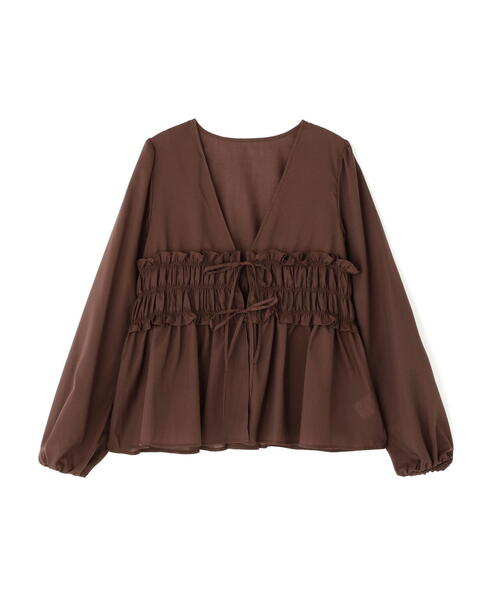 NATURAL BEAUTY BASIC（ナチュラルビューティーベーシック）の「◇Ｖネックシャーリングペプラムブラウス（シャツ/ブラウス・レディース・ダークブラウン/オフホワイト・SMALL/MEDIUM）」の8枚目の写真