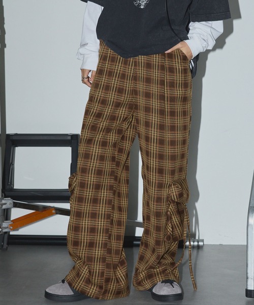 セール】オンブレチェックドローコードワイドストレートカーゴパンツ