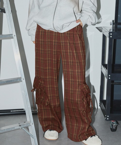 セール】オンブレチェックドローコードワイドストレートカーゴパンツ