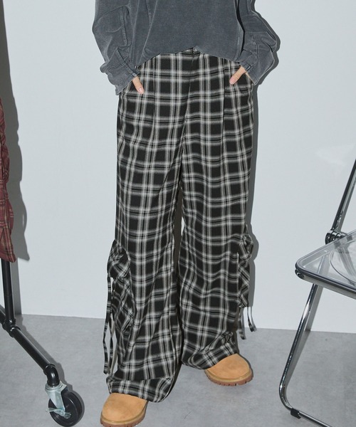 セール】オンブレチェックドローコードワイドストレートカーゴパンツ