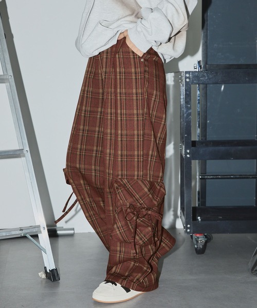 セール】オンブレチェックドローコードワイドストレートカーゴパンツ
