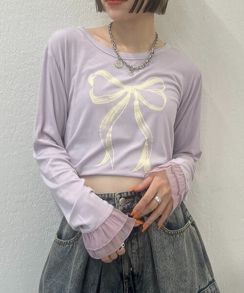 w closet（ダブルクローゼット）の「【25AW】袖フリルリボンロングTシャツ（Tシャツ/カットソー・レディース・オフホワイト/グレー/チャコールグレー/イエロー/パープル・FREE）」の4枚目の写真