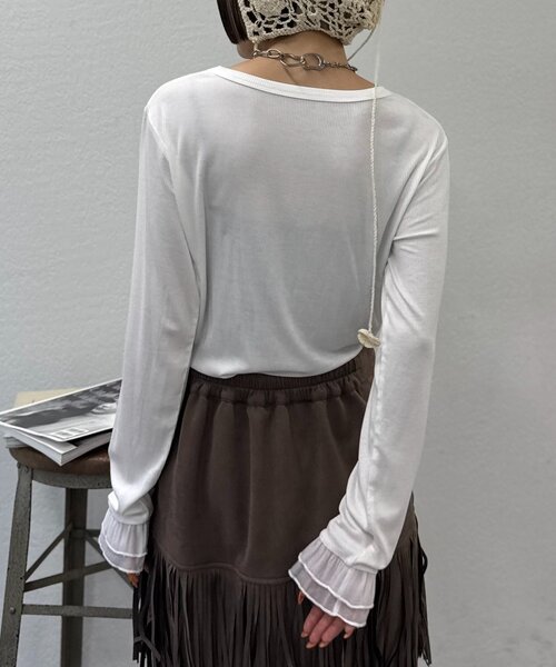 w closet（ダブルクローゼット）の「【25AW】袖フリルリボンロングTシャツ（Tシャツ/カットソー・レディース・オフホワイト/グレー/チャコールグレー/イエロー/パープル・FREE）」の8枚目の写真