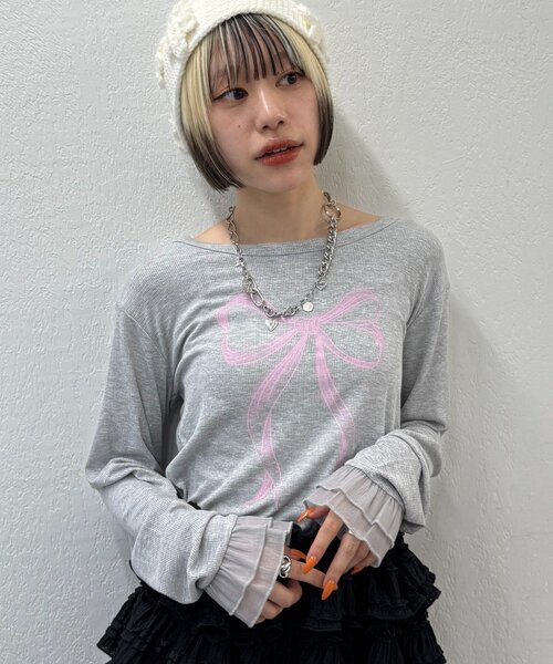 w closet（ダブルクローゼット）の「【25AW】袖フリルリボンロングTシャツ（Tシャツ/カットソー・レディース・オフホワイト/グレー/チャコールグレー/イエロー/パープル・FREE）」の16枚目の写真