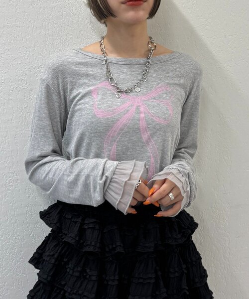 w closet（ダブルクローゼット）の「【25AW】袖フリルリボンロングTシャツ（Tシャツ/カットソー・レディース・オフホワイト/グレー/チャコールグレー/イエロー/パープル・FREE）」の17枚目の写真