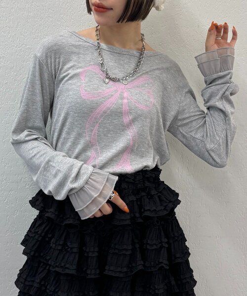 w closet（ダブルクローゼット）の「【25AW】袖フリルリボンロングTシャツ（Tシャツ/カットソー・レディース・オフホワイト/グレー/チャコールグレー/イエロー/パープル・FREE）」の18枚目の写真