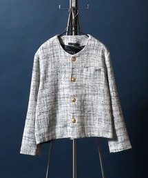 ANPAS(ApX)Tweed Gold Button Plaid Pattern Collarless Short Jacket/cC[h S[h{^ m[J[WPbg tH[} V[g `FbN(m[J[WPbg)
