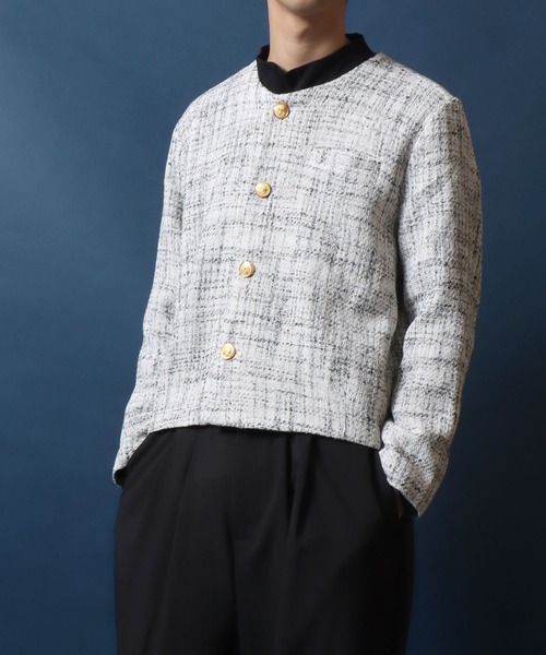 ANPAS(アンパス)の「Tweed Gold Button Plaid Pattern Collarless Short Jacket/ツイード ゴールドボタン ノーカラージャケット フォーマル ショート丈 チェック柄(ノーカラージャケット・メンズ・ホワイト系その他/ブラック系その他/レッド系その他/ブラック系その他2・M/L)」の1枚目の写真