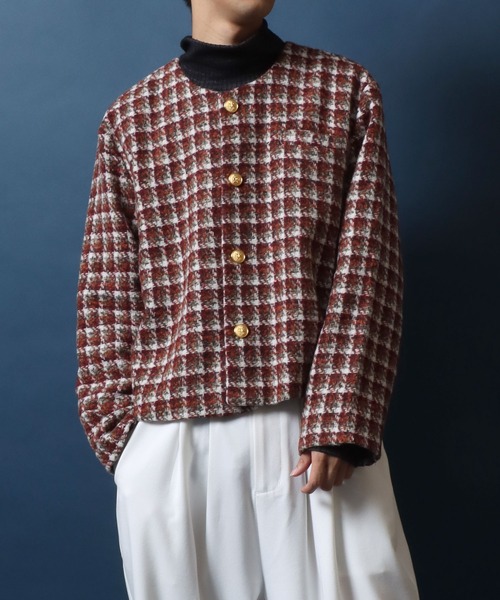 ANPAS(アンパス)の「Tweed Gold Button Plaid Pattern Collarless Short Jacket/ツイード ゴールドボタン ノーカラージャケット フォーマル ショート丈 チェック柄(ノーカラージャケット・メンズ・ホワイト系その他/ブラック系その他/レッド系その他/ブラック系その他2・M/L)」の2枚目の写真