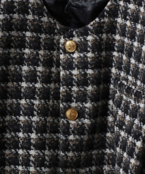 ANPAS(アンパス)の「Tweed Gold Button Plaid Pattern Collarless Short Jacket/ツイード ゴールドボタン ノーカラージャケット フォーマル ショート丈 チェック柄(ノーカラージャケット・メンズ・ホワイト系その他/ブラック系その他/レッド系その他/ブラック系その他2・M/L)」の10枚目の写真