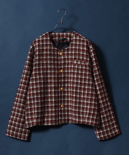 ANPAS(アンパス)の「Tweed Gold Button Plaid Pattern Collarless Short Jacket/ツイード ゴールドボタン ノーカラージャケット フォーマル ショート丈 チェック柄(ノーカラージャケット・メンズ・ホワイト系その他/ブラック系その他/レッド系その他/ブラック系その他2・M/L)」の8枚目の写真