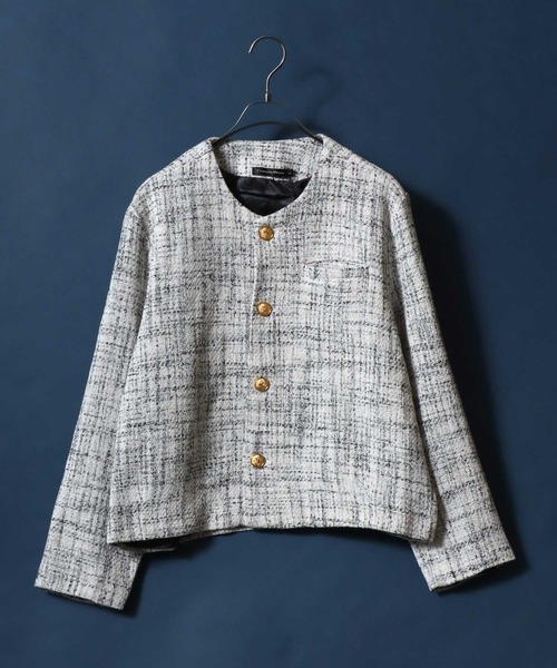 ANPAS(アンパス)の「Tweed Gold Button Plaid Pattern Collarless Short Jacket/ツイード ゴールドボタン ノーカラージャケット フォーマル ショート丈 チェック柄(ノーカラージャケット・メンズ・ホワイト系その他/ブラック系その他/レッド系その他/ブラック系その他2・M/L)」の5枚目の写真