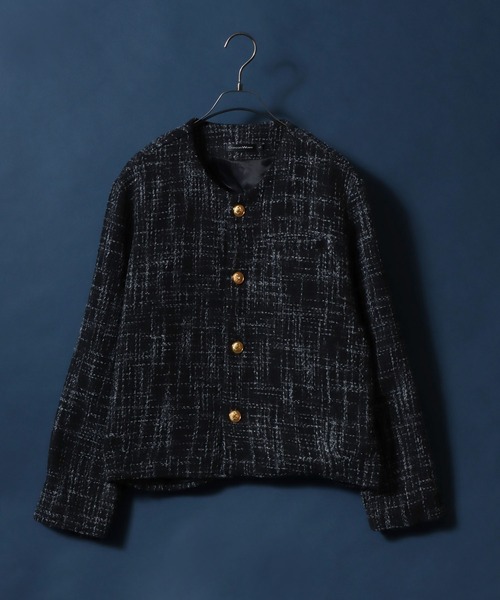 ANPAS(アンパス)の「Tweed Gold Button Plaid Pattern Collarless Short Jacket/ツイード ゴールドボタン ノーカラージャケット フォーマル ショート丈 チェック柄(ノーカラージャケット・メンズ・ホワイト系その他/ブラック系その他/レッド系その他/ブラック系その他2・M/L)」の6枚目の写真