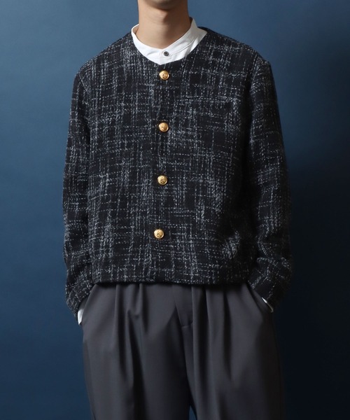 ANPAS(アンパス)の「Tweed Gold Button Plaid Pattern Collarless Short Jacket/ツイード ゴールドボタン ノーカラージャケット フォーマル ショート丈 チェック柄(ノーカラージャケット・メンズ・ホワイト系その他/ブラック系その他/レッド系その他/ブラック系その他2・M/L)」の20枚目の写真