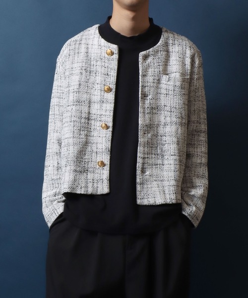 ANPAS(アンパス)の「Tweed Gold Button Plaid Pattern Collarless Short Jacket/ツイード ゴールドボタン ノーカラージャケット フォーマル ショート丈 チェック柄(ノーカラージャケット・メンズ・ホワイト系その他/ブラック系その他/レッド系その他/ブラック系その他2・M/L)」の17枚目の写真