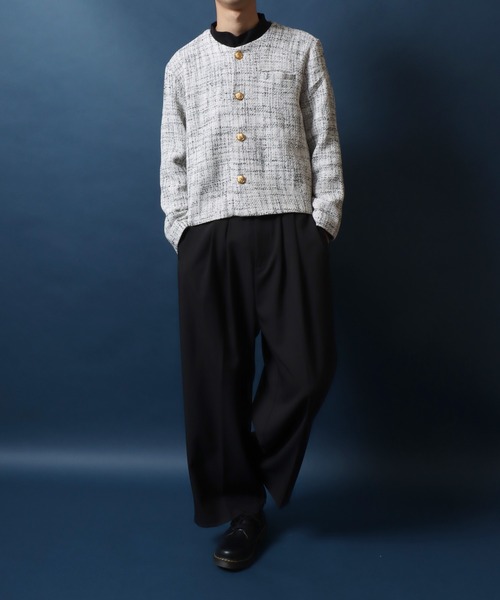 ANPAS(アンパス)の「Tweed Gold Button Plaid Pattern Collarless Short Jacket/ツイード ゴールドボタン ノーカラージャケット フォーマル ショート丈 チェック柄(ノーカラージャケット・メンズ・ホワイト系その他/ブラック系その他/レッド系その他/ブラック系その他2・M/L)」の18枚目の写真