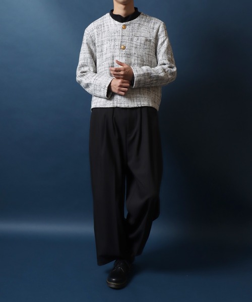 ANPAS(アンパス)の「Tweed Gold Button Plaid Pattern Collarless Short Jacket/ツイード ゴールドボタン ノーカラージャケット フォーマル ショート丈 チェック柄(ノーカラージャケット・メンズ・ホワイト系その他/ブラック系その他/レッド系その他/ブラック系その他2・M/L)」の19枚目の写真