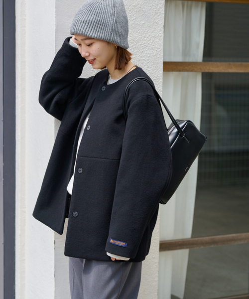 追加》スーパーファインビーバークルーネックコート（ノーカラーコート