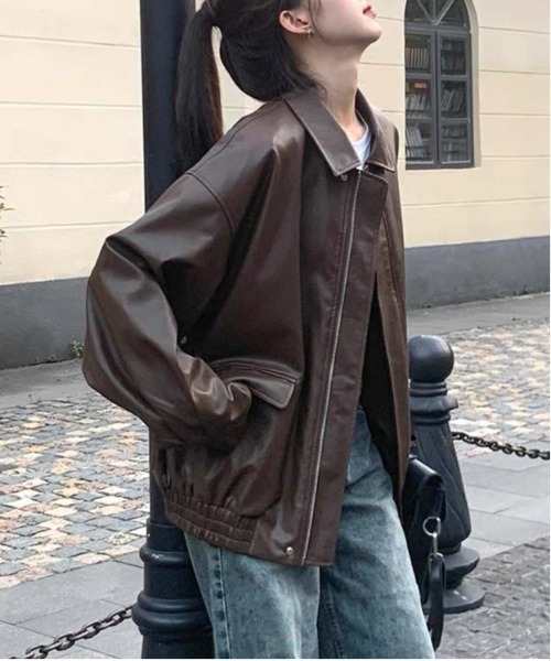 WEGO（ウィゴー）の「WEGO/オーバーサイズフェイクレザージャケット/アウター（ブルゾン・レディース・ブラウン/ブラック・MEDIUM）」の13枚目の写真