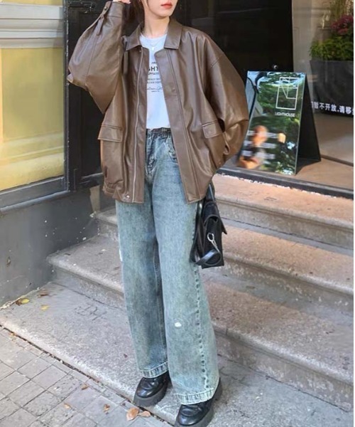 WEGO（ウィゴー）の「WEGO/オーバーサイズフェイクレザージャケット/アウター（ブルゾン・レディース・ブラウン/ブラック・MEDIUM）」の17枚目の写真