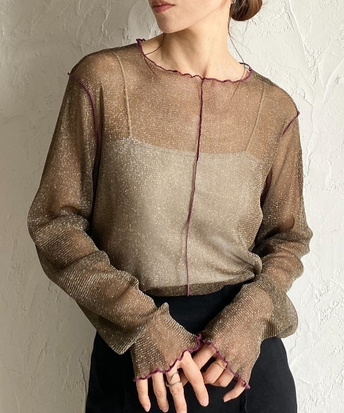 She's Closet(シーズクローゼット)の「配色バイカラー長袖シースルーラメシアートップス(Tシャツ/カットソー・レディース・アイボリー/ブラック/チャコールグレー/ブラウン・FREE)」の4枚目の写真