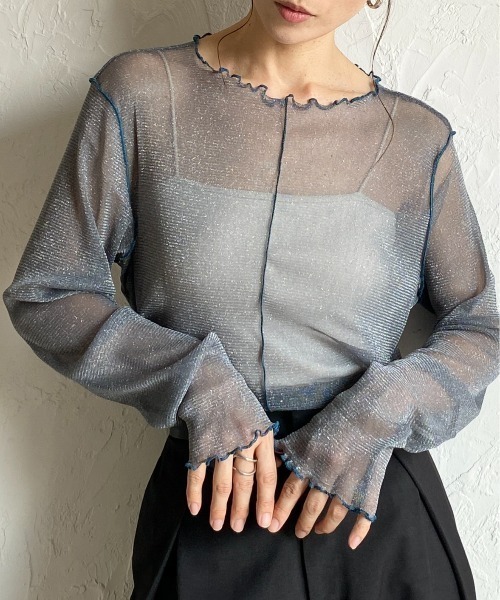 セール】配色バイカラー長袖シースルーラメシアートップス（Tシャツ