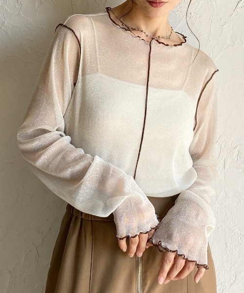She's Closet(シーズクローゼット)の「配色バイカラー長袖シースルーラメシアートップス(Tシャツ/カットソー・レディース・アイボリー/ブラック/チャコールグレー/ブラウン・FREE)」の2枚目の写真