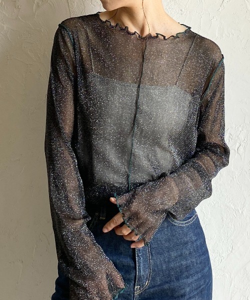 She's Closet(シーズクローゼット)の「配色バイカラー長袖シースルーラメシアートップス(Tシャツ/カットソー・レディース・アイボリー/ブラック/チャコールグレー/ブラウン・FREE)」の1枚目の写真