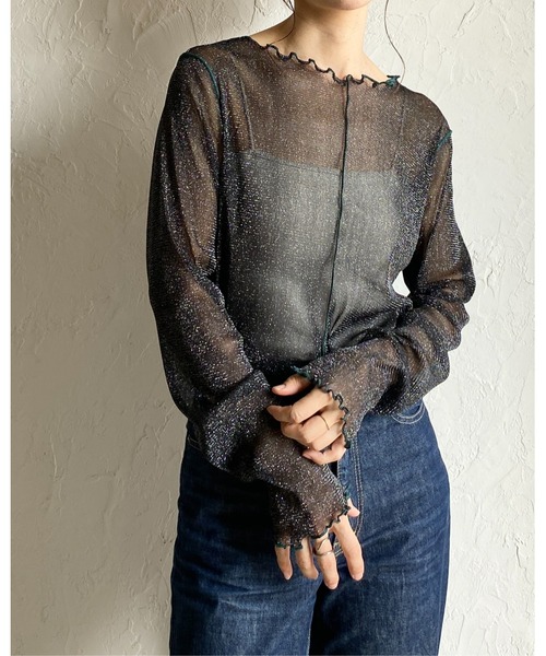 She's Closet(シーズクローゼット)の「配色バイカラー長袖シースルーラメシアートップス(Tシャツ/カットソー・レディース・アイボリー/ブラック/チャコールグレー/ブラウン・FREE)」の13枚目の写真