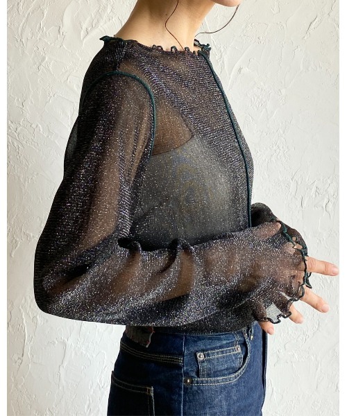 She's Closet(シーズクローゼット)の「配色バイカラー長袖シースルーラメシアートップス(Tシャツ/カットソー・レディース・アイボリー/ブラック/チャコールグレー/ブラウン・FREE)」の14枚目の写真