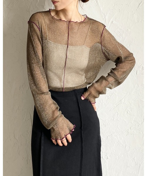She's Closet(シーズクローゼット)の「配色バイカラー長袖シースルーラメシアートップス(Tシャツ/カットソー・レディース・アイボリー/ブラック/チャコールグレー/ブラウン・FREE)」の16枚目の写真