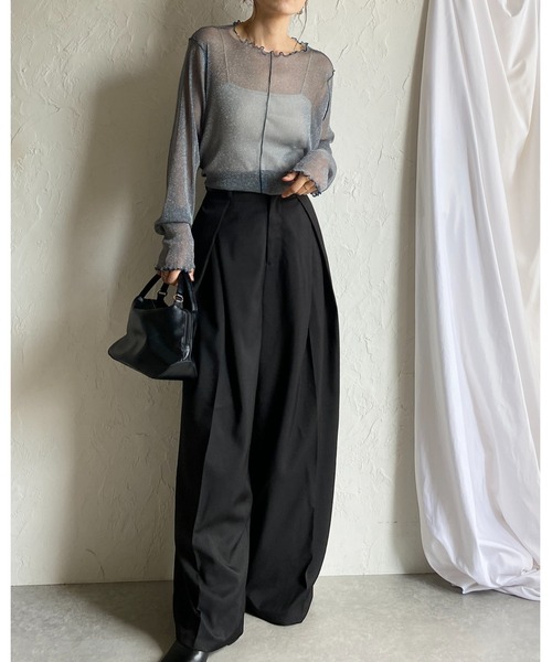 セール】配色バイカラー長袖シースルーラメシアートップス（Tシャツ