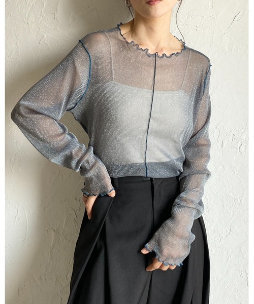 セール】配色バイカラー長袖シースルーラメシアートップス（Tシャツ